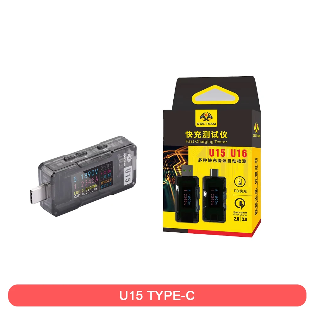 

Тестер быстрой зарядки OSS TEAM U15-16: протоколы PD/QC с автоматическим обнаружением напряжения и тока типа C/USB-A