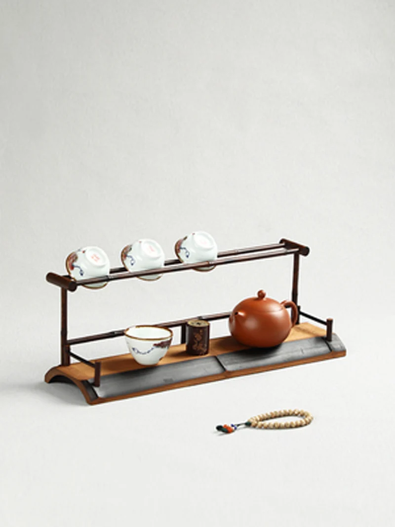 

Hand made bamboo teacup rack drainage rack Chinese retro double-layer cup rack teapot tea set display taccessories