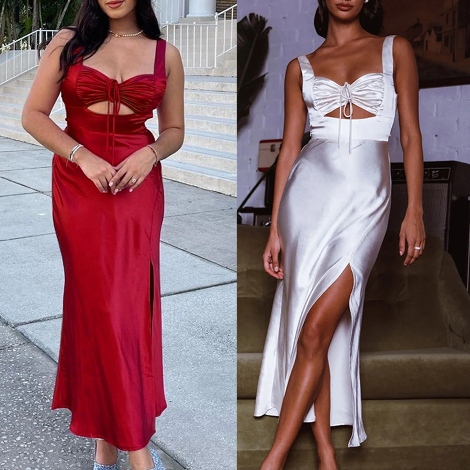 

Ladies Spaghetti Strap Dress Sweetheart Neck Sling Pleated Dress Solid Color Sleeveless Sexy Style Cocktail Party Clothing