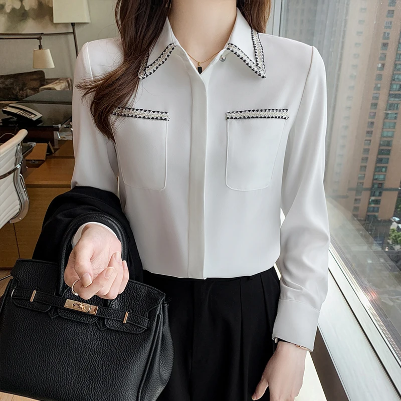 

Шифоновая Свободная Женская блузка, новая модная Однотонная рубашка-поло, повседневный Топ с длинным рукавом, Летняя женская одежда Movafag