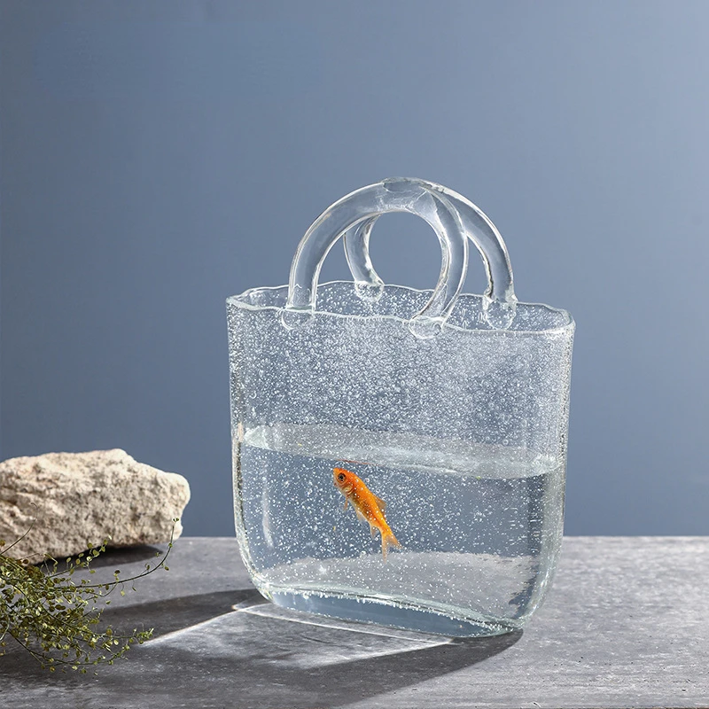 

Home New Style Carrying Basket Transparent Hydroponics Glass Bag Vase Ornament ins Home Decoration Fish Tank