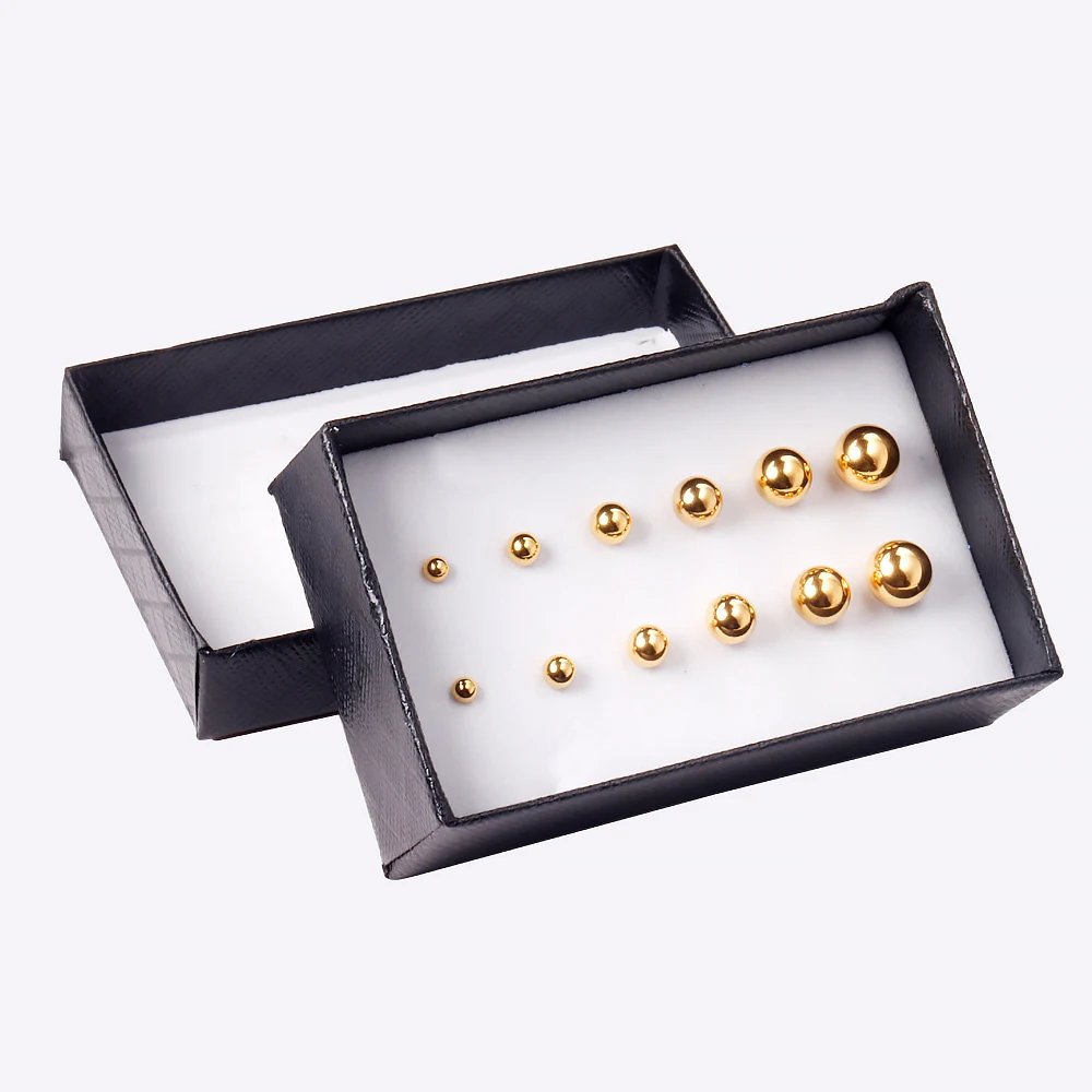 6 Pairs/Box Fashion Ball Earrings Set Mixed Size 316L Stainless Steel Anti-allergy Punk Ear Stud For Gift Jewelry Accessories