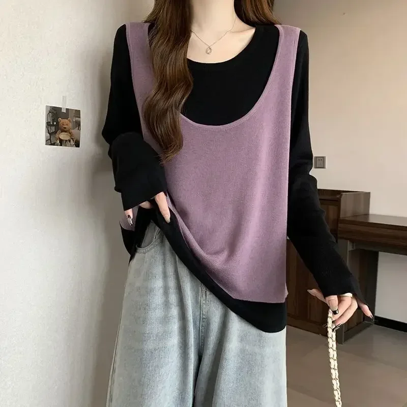 Весенне-осенние повседневные контрастные лоскутные футболки с длинным рукавом и