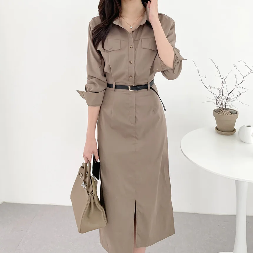 

Autumn New Fashion Slit Solid Colour Women's Shirt Dress Casual Single-breasted Lapel Full Sleeves with Pockets Long Dress Lady