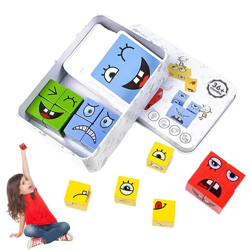 Expression Blocks Wooden Face Changing Magic Cube Building Blocks Game Brain Teasers Puzzles Toys Games For Toddler Boys Girls
