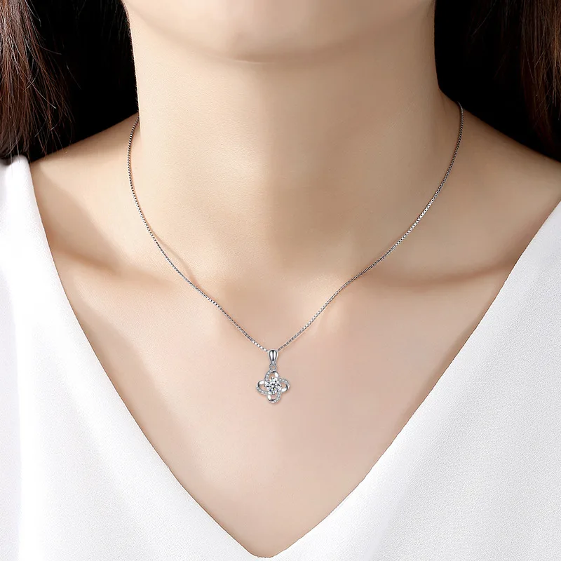 

S999 Sterling Silver Necklace Pendant Women's Clavicle Chain Lucky Clover Zircon Necklace Birthday Party Gift