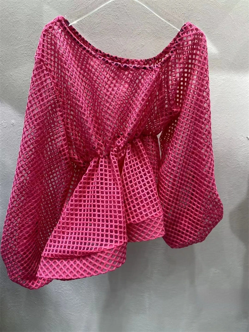 

2022 Spring Summer Hollow Out Lace T Shirts for Women Sexy Oblique Shoulder Top Waist Slimming Ruffled Lantern Sleeve Pullover