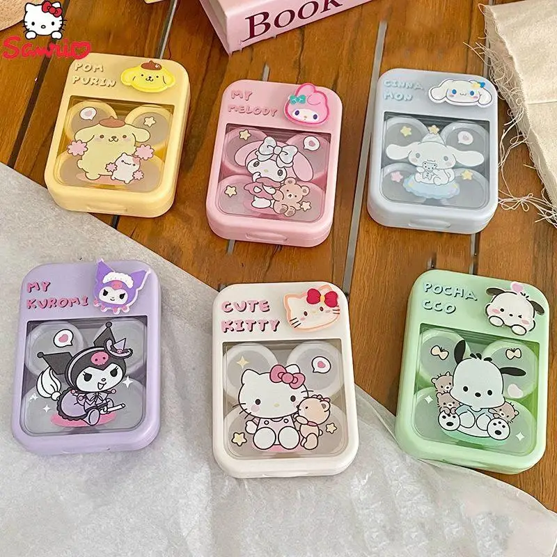 

Цветовые контактные линзы Sanrio, Hello Kitty My Melody Cinnamoroll, вращающийся милый значок, зеркальная коробка для ухода, мини портативный подарок для друзей