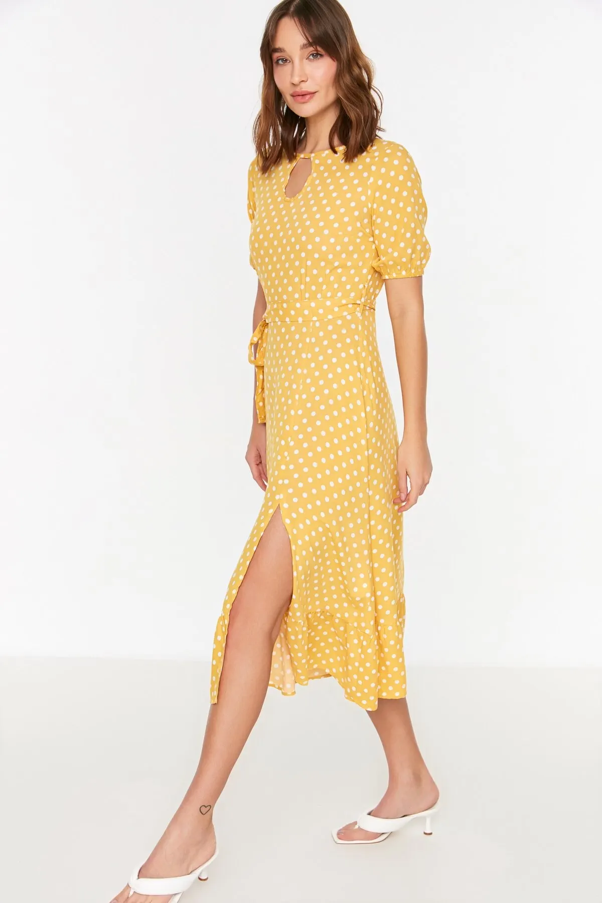 

Women's Dress Mustard Belted Polka Dot Elegant Fashion Casual Casual Comfortable Short Sleeve Summer Boho Beach Dress