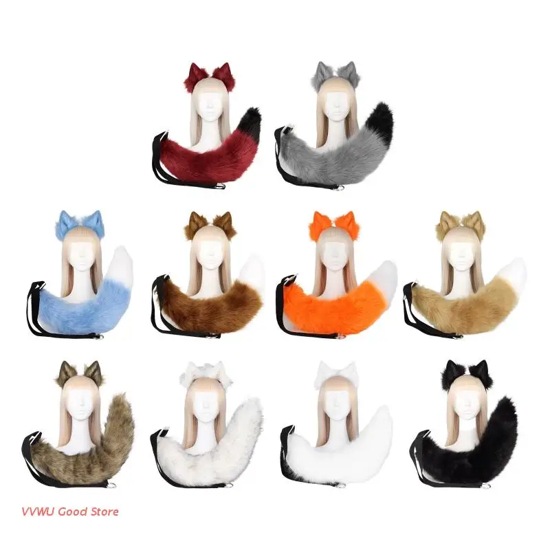 

Комплект с кошачьими ушками и хвостом, Плюшевые Пушистые уши животных, повязка на голову, костюм для Хэллоуина, вечеринки, кошачий хвост, нар...