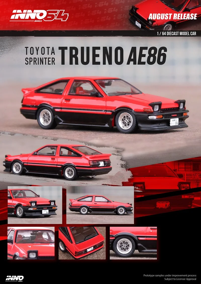 

Модель автомобиля INNO64 1:64 TOYOTA SPRINTER TRUENO AE86 красного цвета