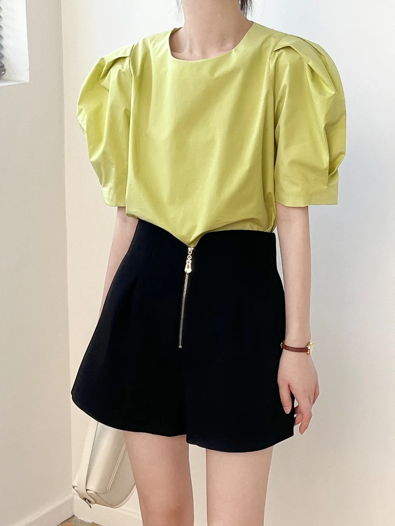 

Summer Pullover Shirt Loose Cute Elegant Sweet Plain O-neck Cotton Casual Shirts Women Short Puff Sleeve Blouses Tops 2 Colors