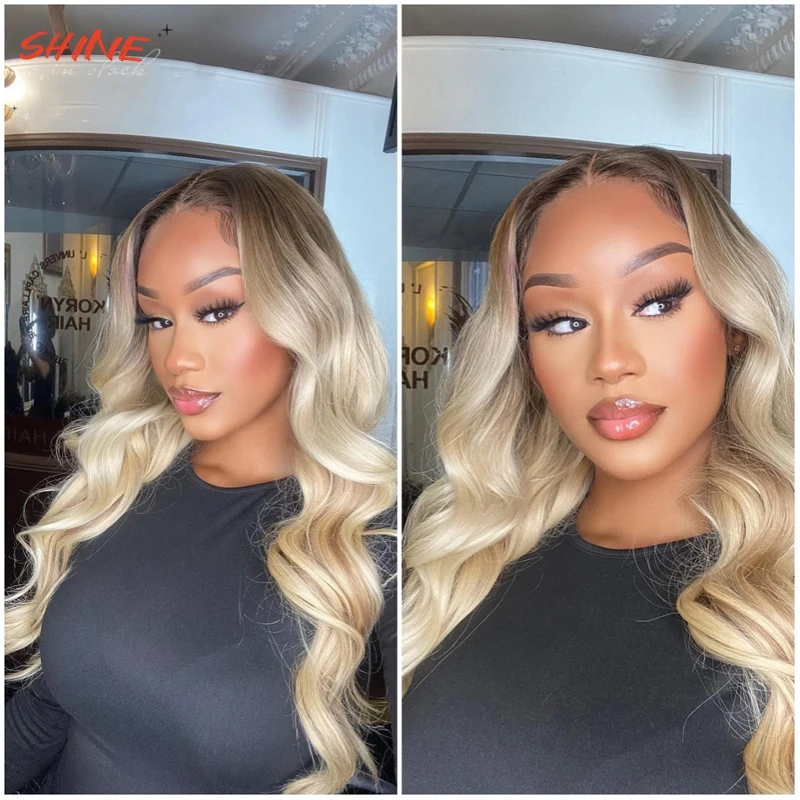 

SHINE Ombre Blonde Body Wave Wig Ash Blonde Colored None Lace Wig Heat Temperature Fiber Pre Plucked Hairline Good Quality