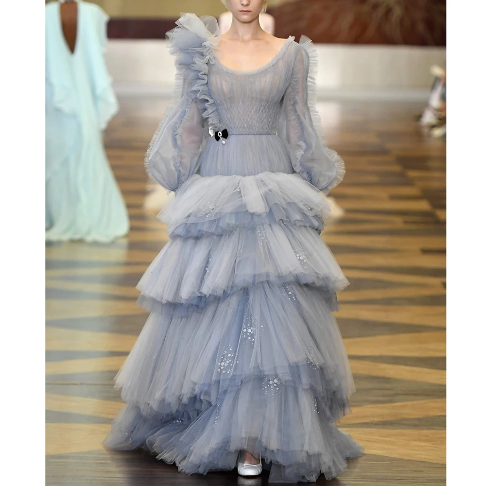 

Модное многослойное плиссированное платье для выпускного вечера из тюля, элегантное вечернее платье с глубоким вырезом, рюшами, длинными рукавами, многоярусным шлейфом