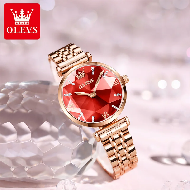 OLEVS Ladies Clock Luxury Rose Gold Red Women Watches Fashion Rhombus Glass Female Quartz Watch Relogio Feminino Zegarek Damski enlarge