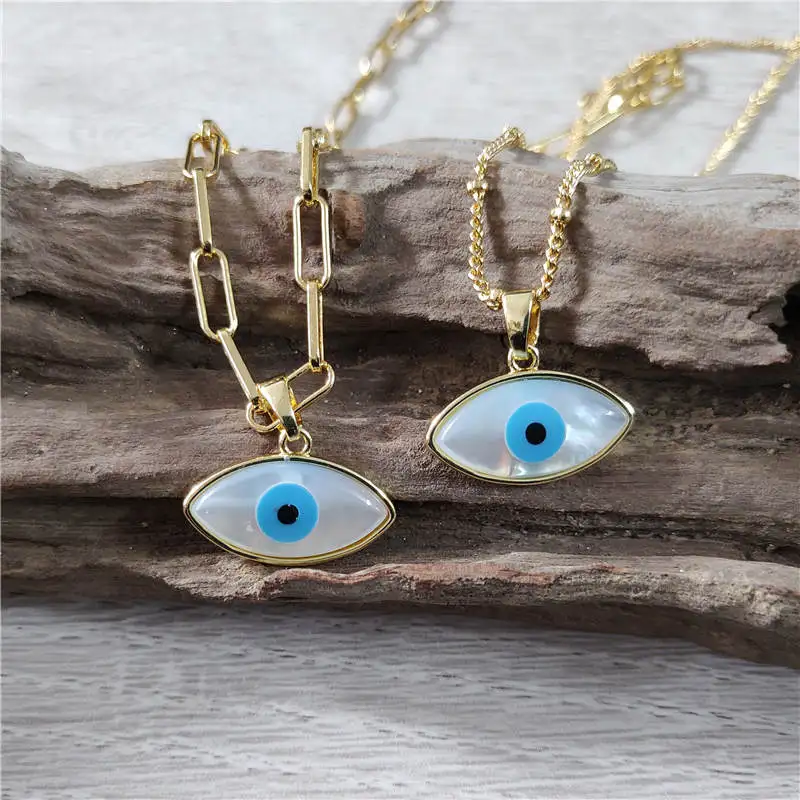 

FUWO Wholesale Turkish Lucky Evil Eye Necklaces,Gold Satellite Choker Natural Shell Blue Eye Jewelry For Women NC612 10PCS/Lot