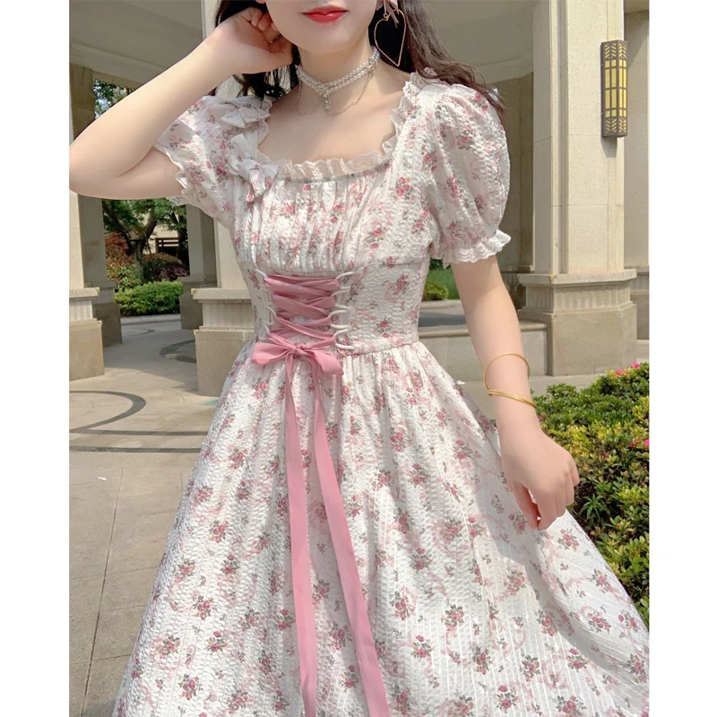 

Платье с бантом для женщин, одежда в французском стиле с милым цветочным принтом, Длинная женская элегантная офисная одежда, винтажная уличная одежда в стиле преппи для школы