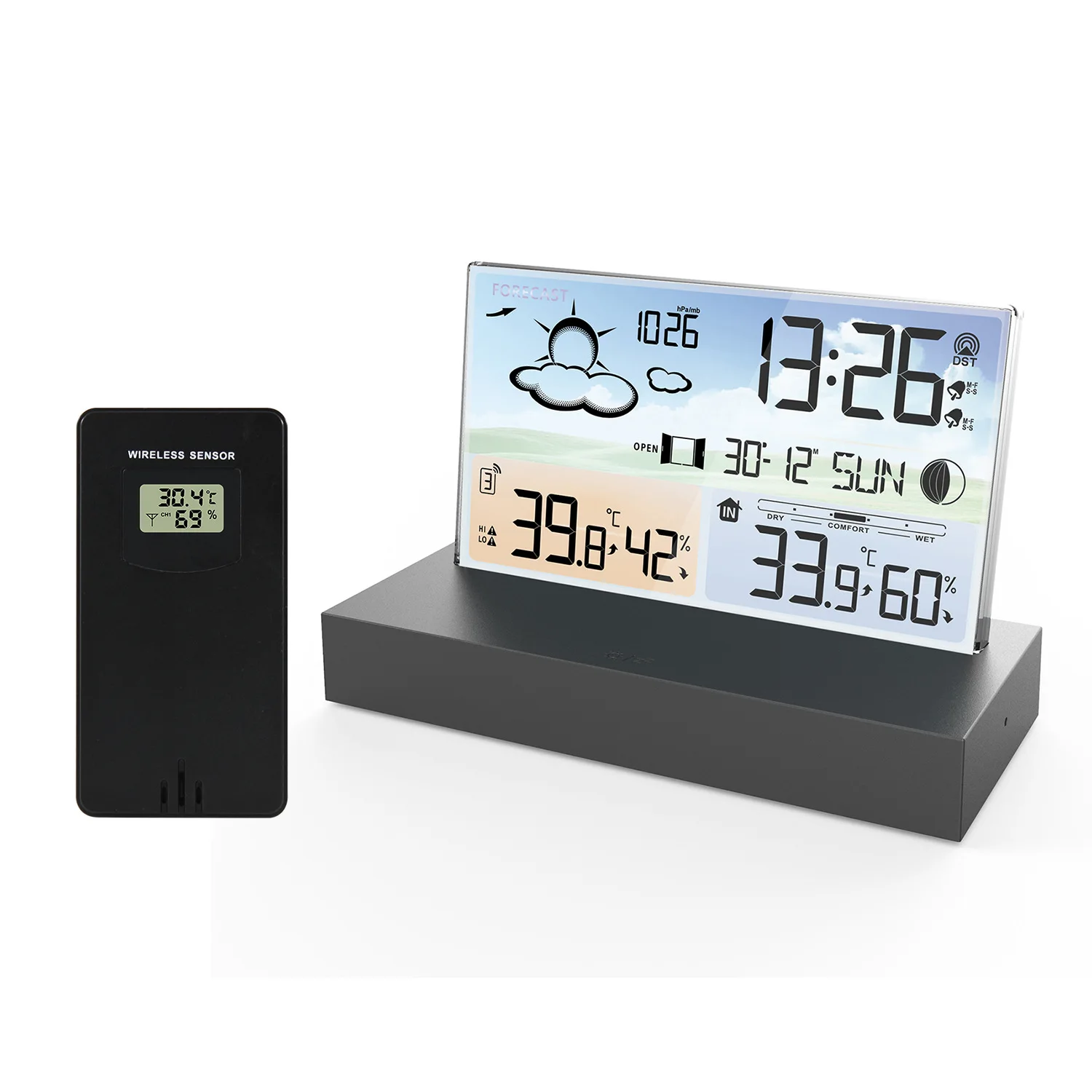 

Новая прозрачная Метеостанция со стеклом, цветной экран, термометр, гигрометр, цифровой монитор температуры и влажности, прогноз погоды