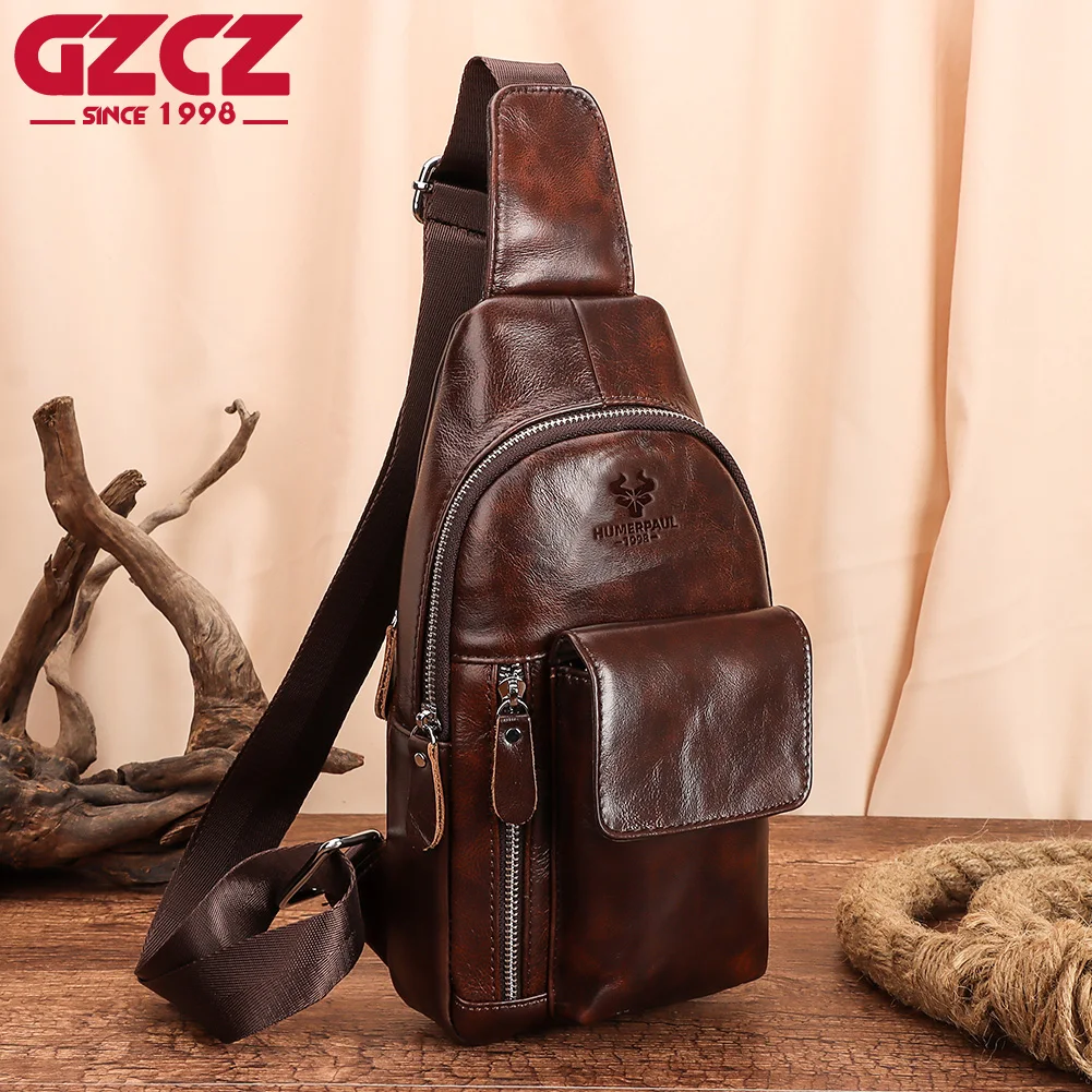 

New Business Men's Chest Bag Genuine Leather Male Crossbody Bag Fashion Shoulder Bag Large-capacity Carry Bags with Phone Pocket