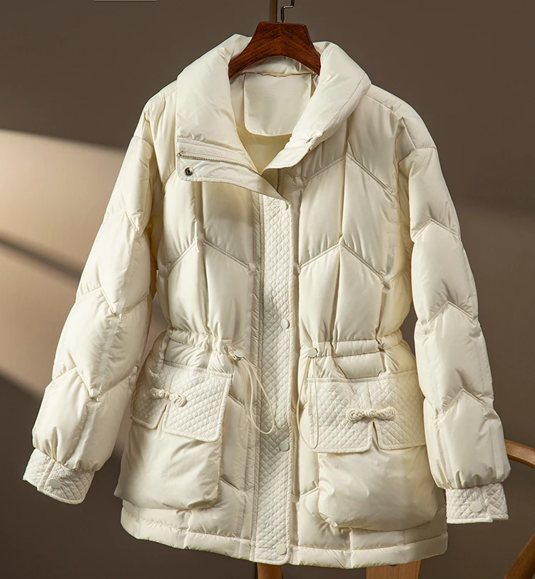 Design Chinese Style  90%  White Duck Down Casacos De Inverno Feminino Coat Women Autumn/Winter  Slim  Pockets Adjustable Waist