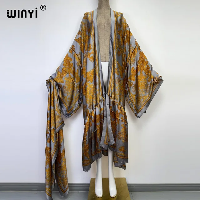 2022 WINYI Middle East Daily prom dress Positioning printing Self Belted Women Summer Clothing Kimono Dress Beach Wear Cover Up 4