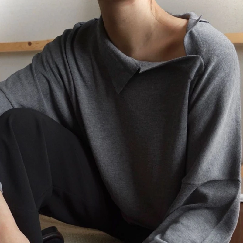 

Women's Asymmetric Collar Bottoming Pullover 2022 Early Autumn New All-match Loose Simple Cotton Knitted Top Female