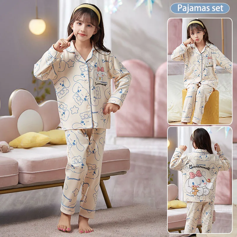

Autumn Cute Cartoon Kids Pure Cotton Sleepwear Kawaii Sanriod Anime Kuromi Cinnamoroll Children Pajamas Long Sleeve Home Clothes