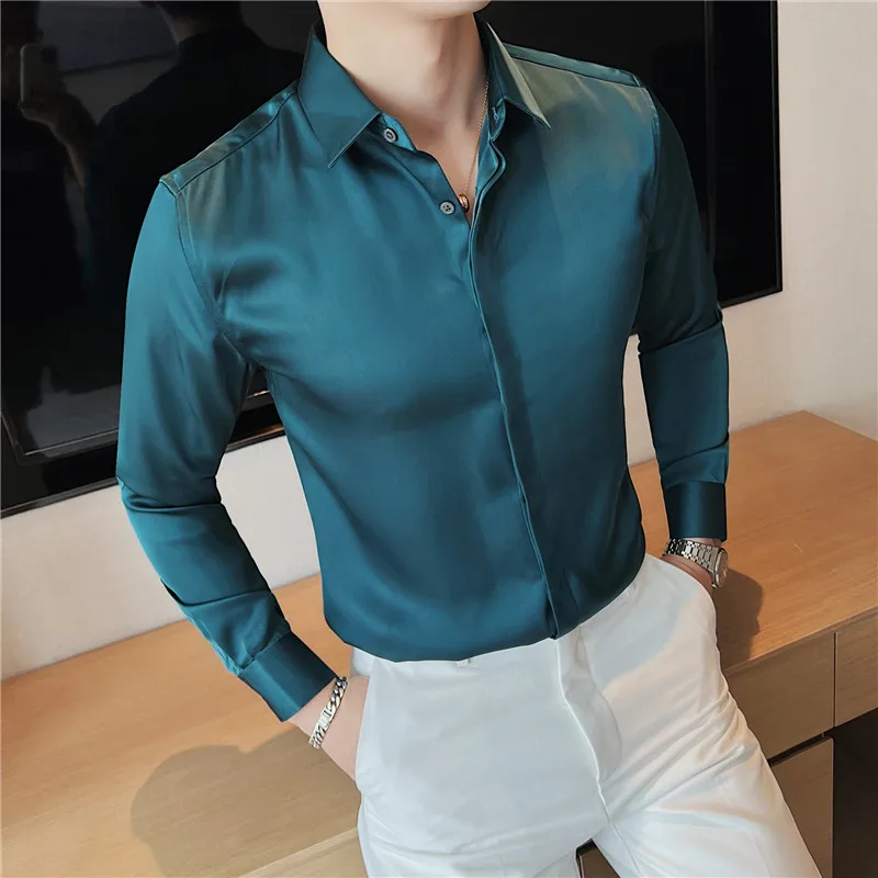 

Высококачественные шелковые рубашки для мужчин, однотонные деловые рубашки с длинным рукавом, повседневные тонкие вечерние рубашки-смокин...
