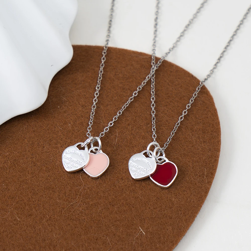 

Double Love Heart Pendant Necklace Colorful Enamel Necklace Female Korean Fashion Clavicle Chain for Girlfriend Gift
