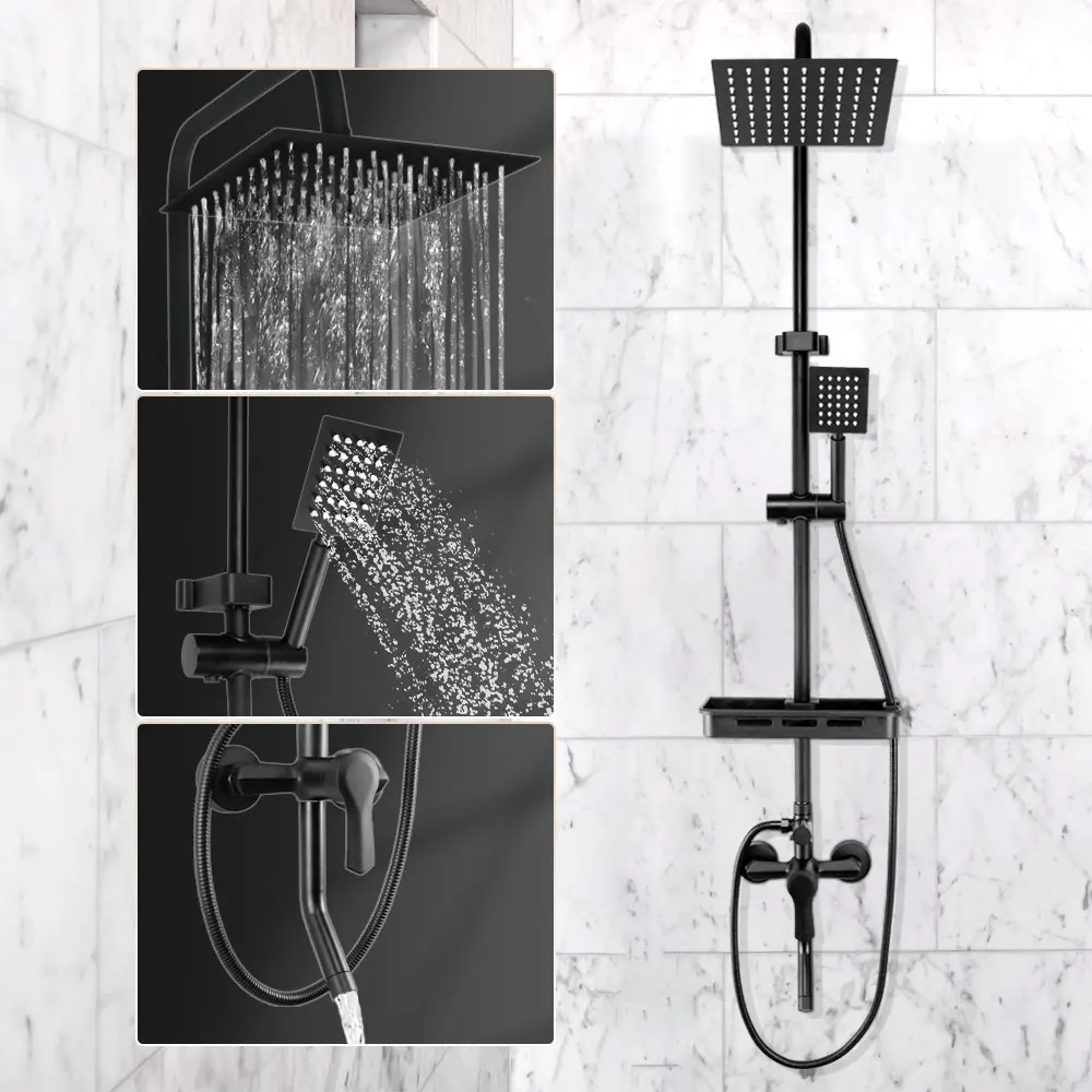 

Bathroom Shower Faucet Set Black Wall Mount Shower Bath Mixer Tap for Shower Faucet & Storage Shelf Rainfall Shower Mixer Set
