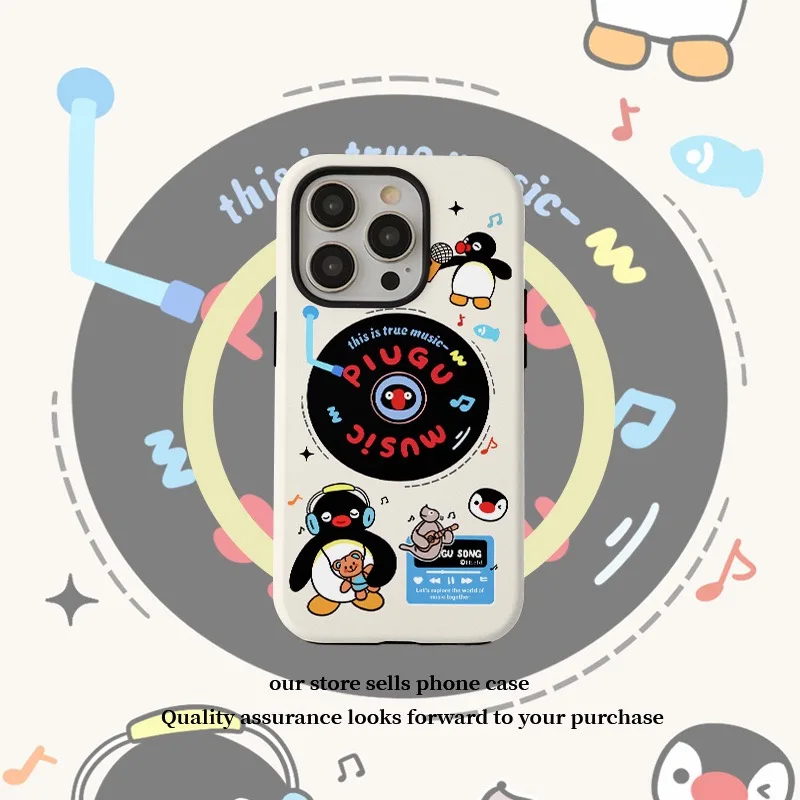Фото Чехол Beige Penguin Listening To Music с мультяшным мраморным узором для IPHONE 16 Pro 15 14 13 12 11 Акриловый ТПУ Два в одном Чехлы для телефонов №1