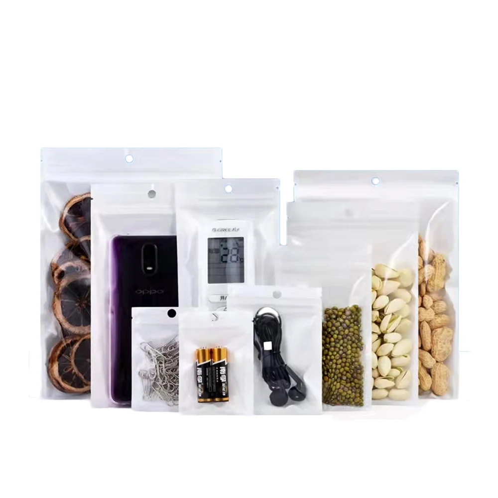 

1000Pcs Plastic White Clear Bag Zip Lock with Hang Hole Tear Notch Reclosable Reusable Recyclable Food Nut Gift Packaging