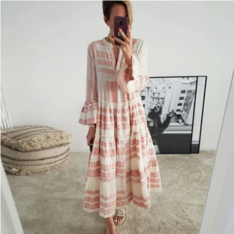 

Bohemian Geometric Print Striped Sexy Beach Dress New Long Sleeve Women's Dress Factory Direct Sales