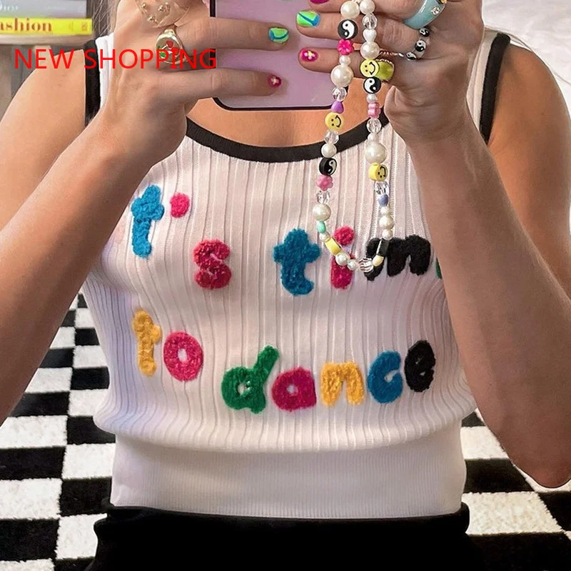 

Kawaii Y2K Crop Top Women Knit Letter Casual White Tanks 2023 Summer Sleeveless O Neck Off Shoulder Sexy Tank Tops 2000s Fashion