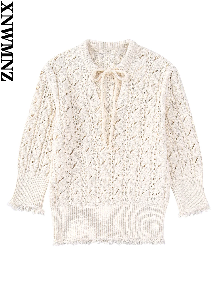 

XNWMNZ 2022 Women Fashion Frayed Trim Pointelle Knit Sweater Vintage With Tied O Neck Short Sleeve Female Pullovers Chic Tops