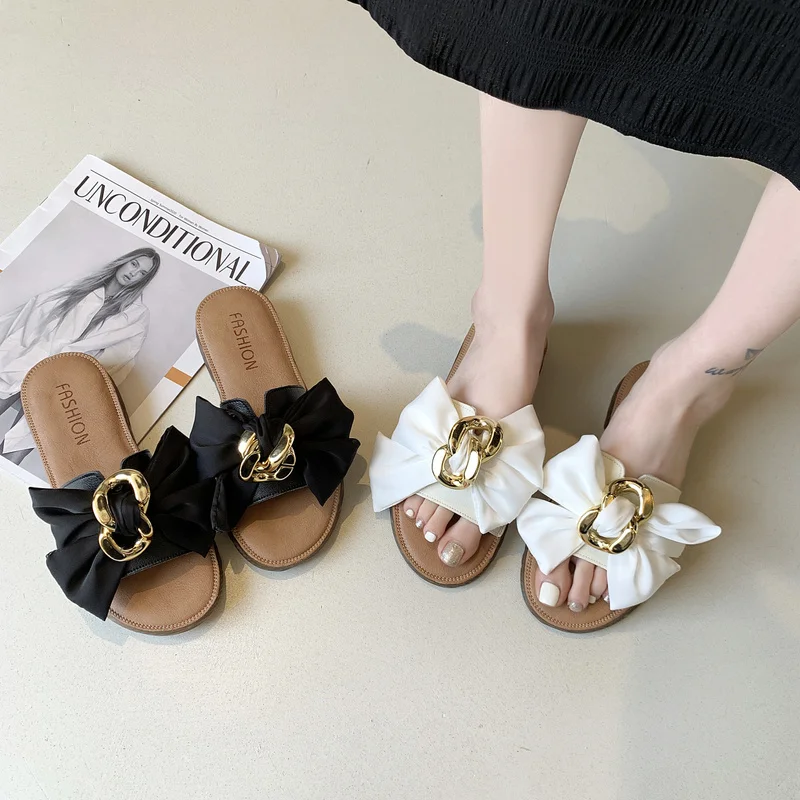 Women's Summer Luxury 2022 New Beach Sandals Flat Slippers Casual Bow Metal Decoration Irregular Soft Everyday Women's Shoes