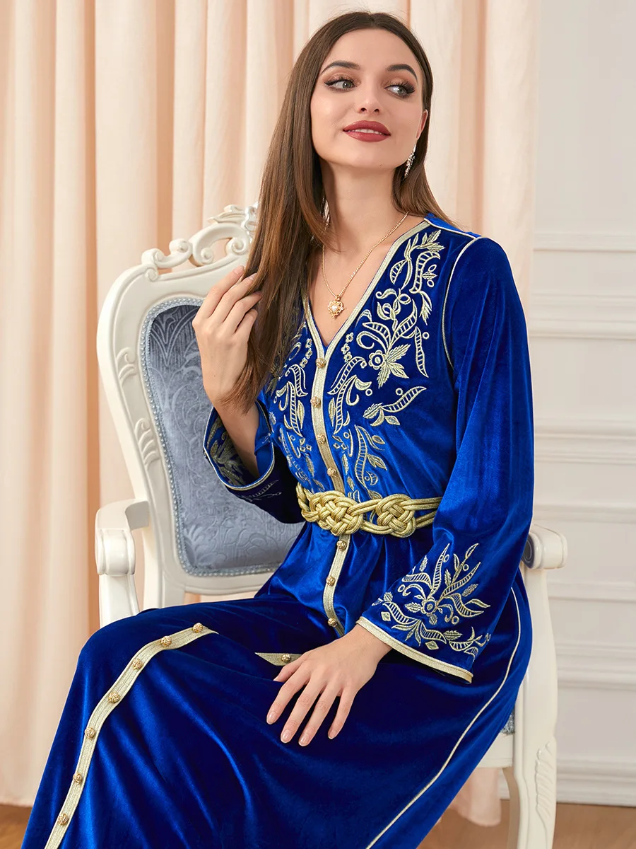 Women's Winter Abaya Velvet Belted Kaftan Jalabiyat Embroidered V-Neck Long Sleeve Dress Morocco Turkey Clothing
