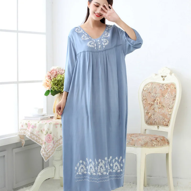 Nightdress Women Cotton Long Sleeve Embroidery Nightgown Loose Sleepwear Autumn Night Comfy Womens Nightwear Sleepshirt Big Yard