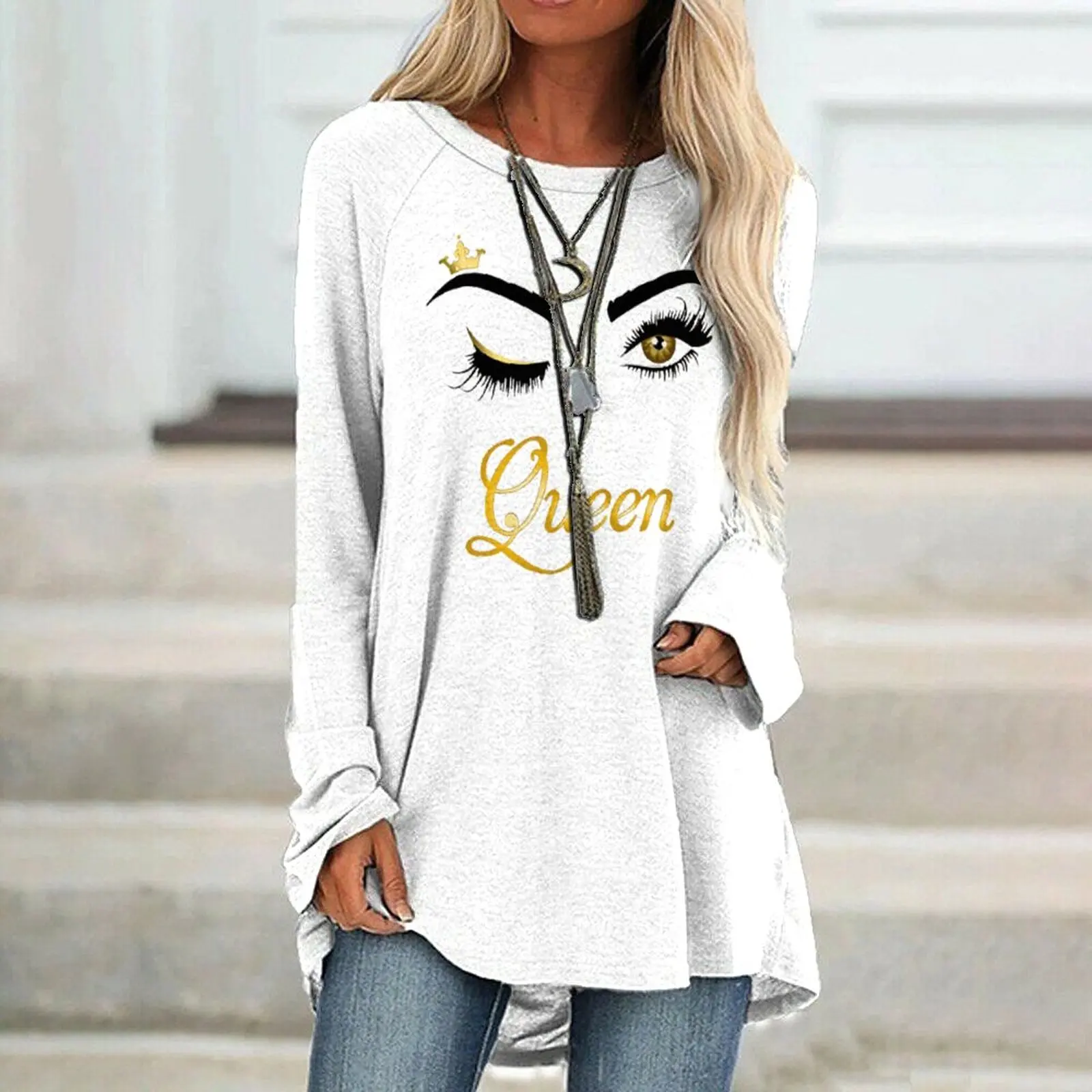

2022 New Women new Fashion White long sleeve women's eyebrow eye casual top fashion trend price concessions