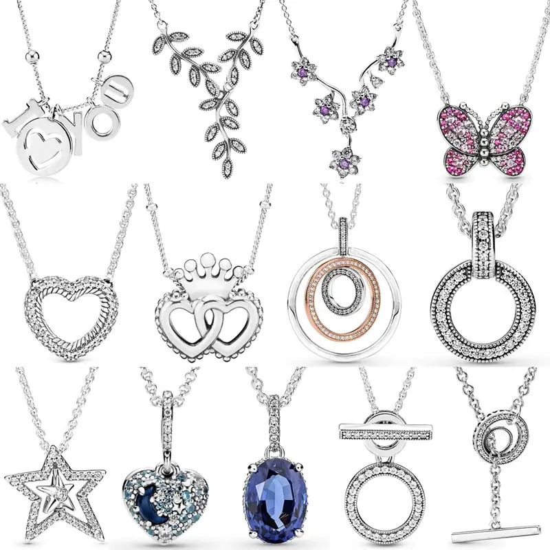 

Original 925 Sterling Silver Sparkling Statement Halo Leaves I Love You Letter Star Necklace For Popular Bead Charm DIY Jewelry