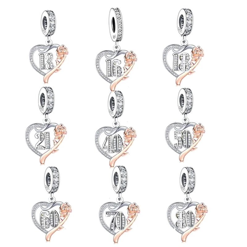 

Fit Original Pandora Charm Bracelet Pendant Jewelry 925 Sterling Silver Rose Flower Number Heart Dangle Charms