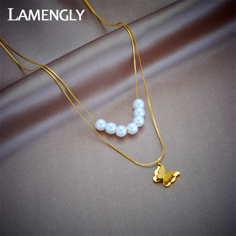 

LAMENGLY 316L Stainless Steel 2-Layer Pearl Butterfly Pendant Necklace For Women Girl New Clavicle Chain Non-fading Jewelry Gift