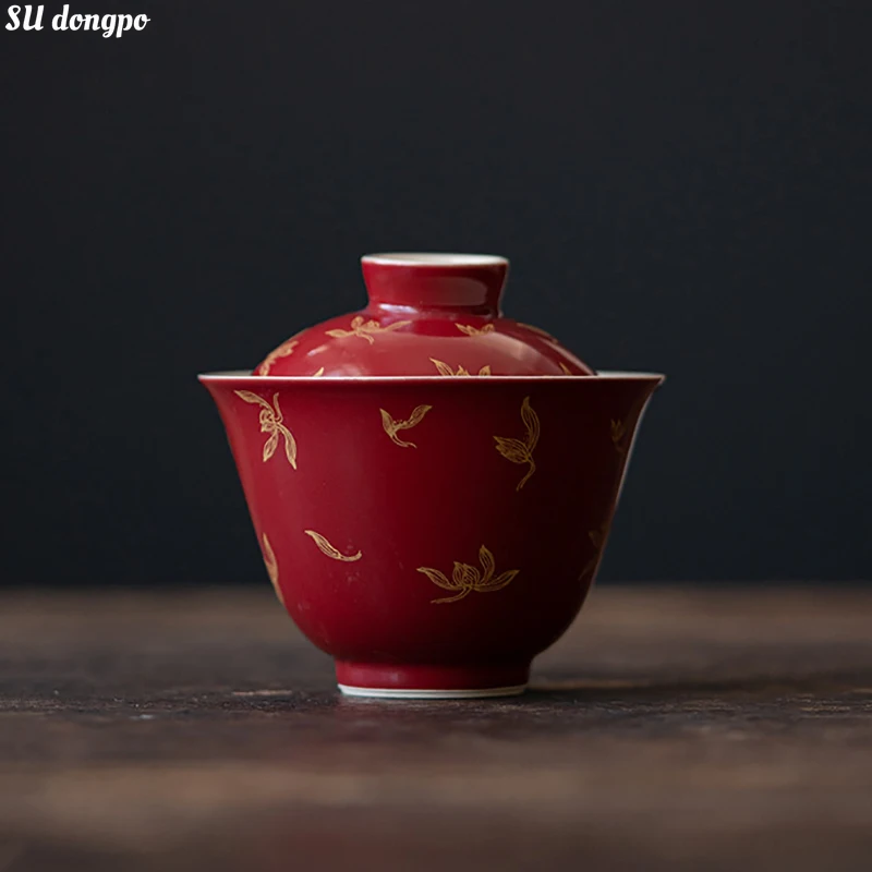 Позолоченная красная Осенняя Орхидея Gaiwan от Lang Hong позолоченная наклейка чаша