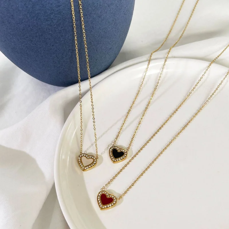 

ALLNEWME French Colorful Natural Shell Rhinestone Love Heart Pendant Necklaces Women 18K Gold PVD Plated Stainless Steel Choker