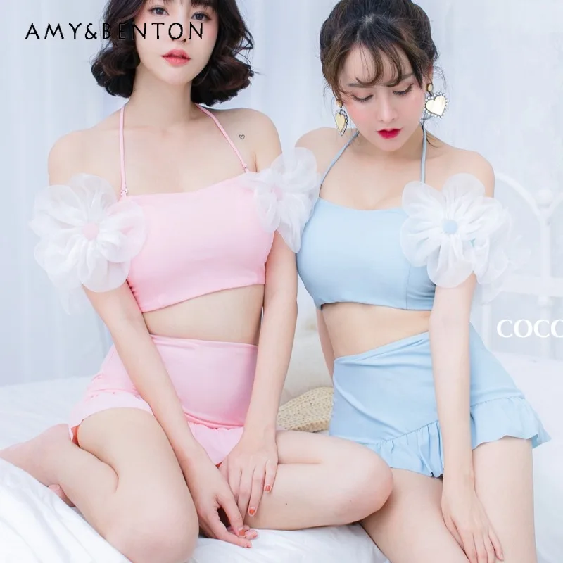 Розовый разделенный купальник с высокой талией и животом облегающий цветочным