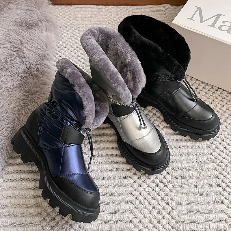 

Winter Patchwork Short Snow Boots Ankle High Round Head Women Shoes Square Heel Wool Botas Femininas Bruine Dames Laarzen
