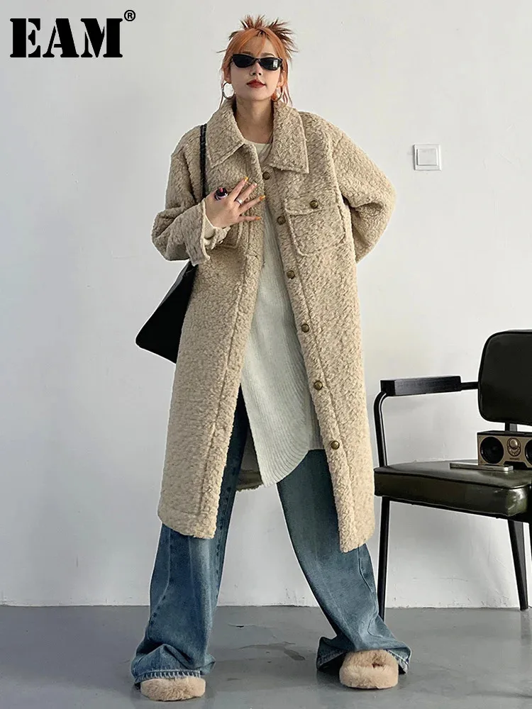 

[EAM] Apricot Lambswool Big Size Warm Long Jacket New Lapel Long Sleeve Women Coat Fashion Tide Autumn Winter 2023 1DF37222