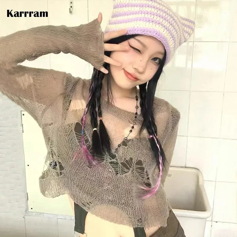 

Y2k Aesthetics Hole Pullover 2000s Harajuku Hollow Out Jumper Gothic Broken Ripped Sweater Fairy Grunge Knit Tops Kawaii