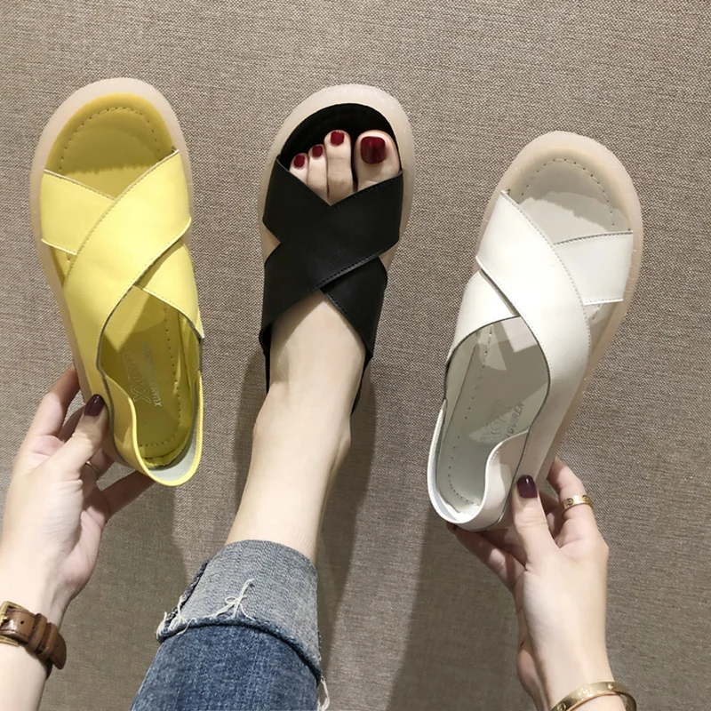 

Cross 2022 Summer Beige Heeled Sandals Female Shoe All-Match Black Girls Clear Flat Low Comfort Fashion New PU Rubber Rome Solid