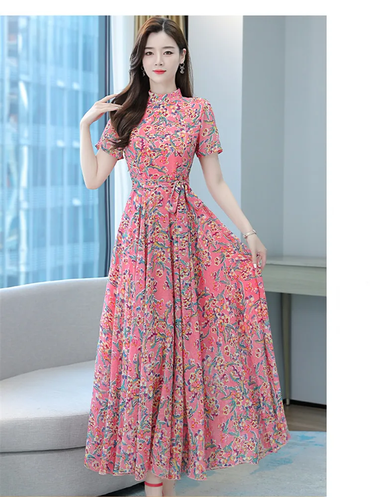 

Vintage Woman Dress Floral Short Sleeve Green Dresses for Women Wasit Long Dresses Print Stand Neck A-Line Oversized Women Dress